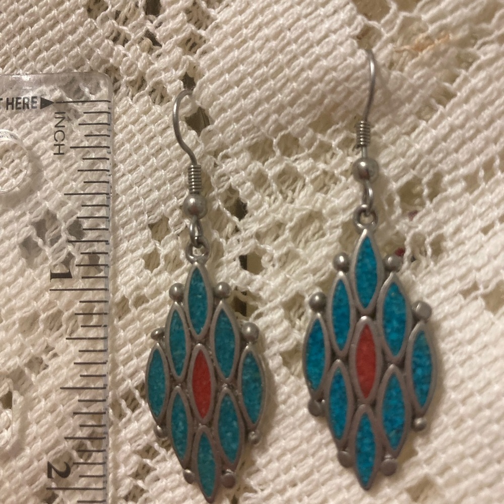 Vintage Sterling Turquoise and Red Inlay Earrings